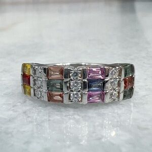 Multi Sapphire and Moissanite Sterling Silver Channel Set Ring Sz 7